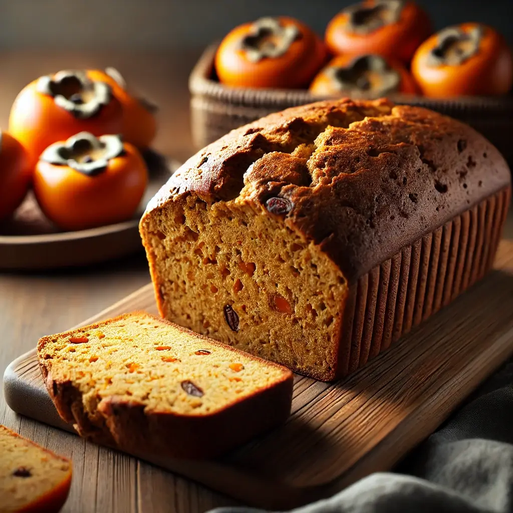 Freshly baked persimmon bread loaf with slices