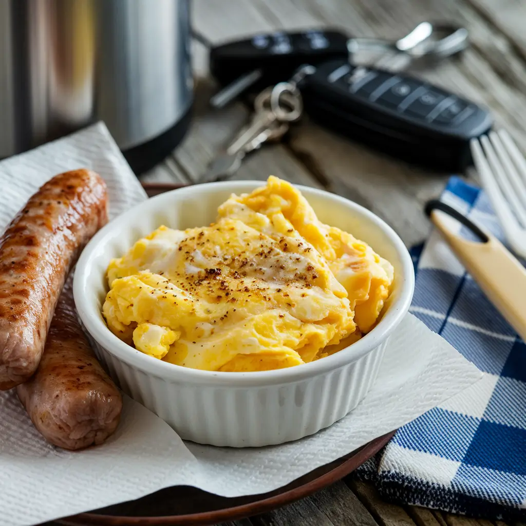 Air Fryer Scrambled Eggs with turkey sausage links