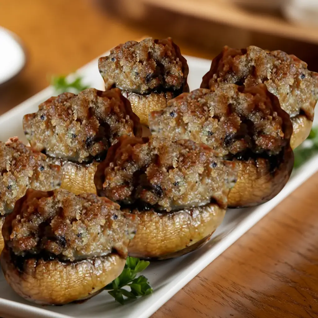 Golden baked beef-stuffed mushrooms topped with chili powder