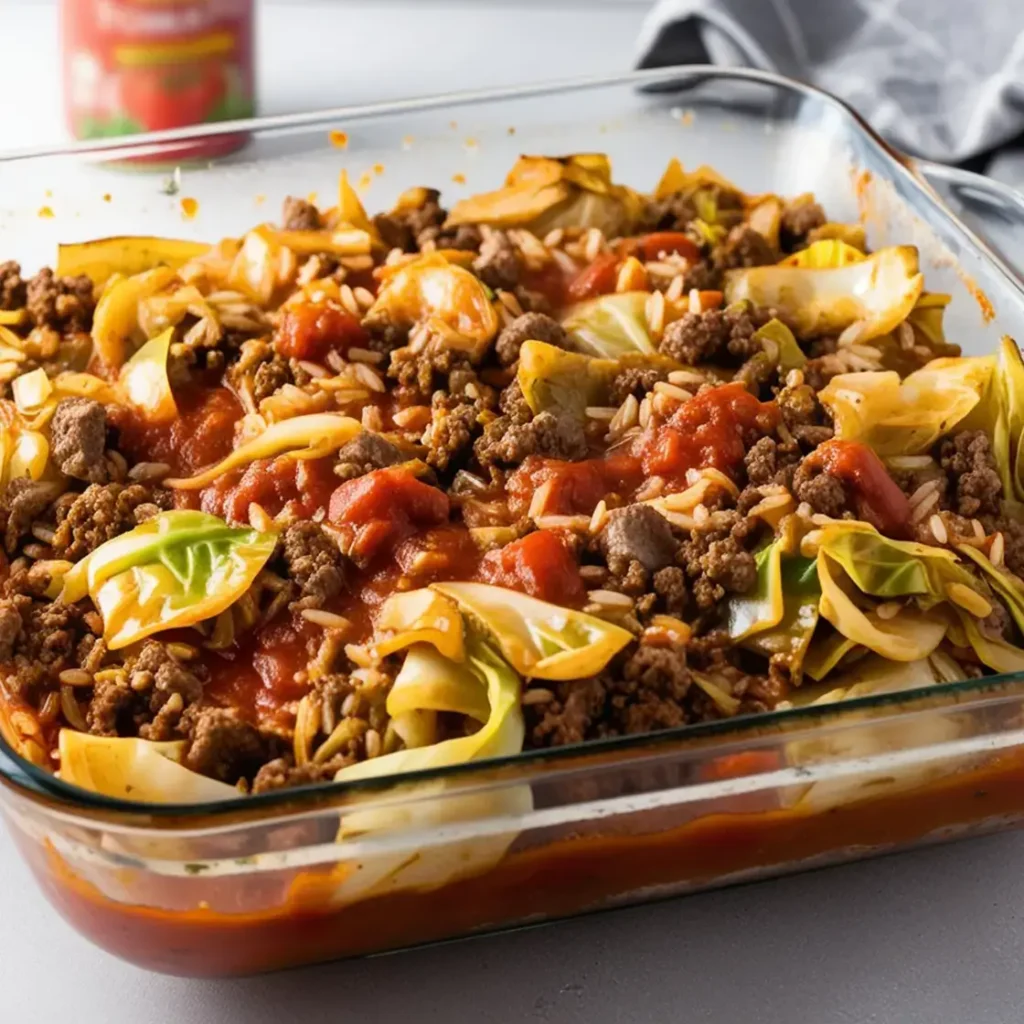 A hearty slice of lazy golumpki casserole with cabbage, beef, and tomato sauce