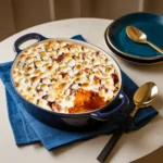 Golden candied yams topped with toasted marshmallows in a baking dish