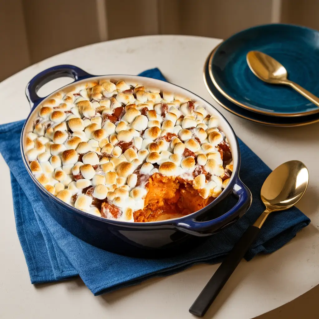 Golden candied yams topped with toasted marshmallows in a baking dish