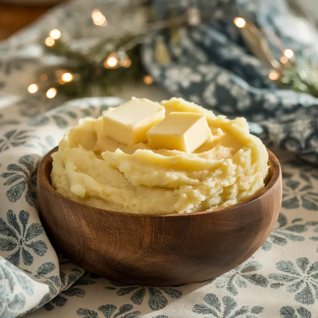 Bowl of creamy mashed potatoes topped with melted butter and fresh parsley