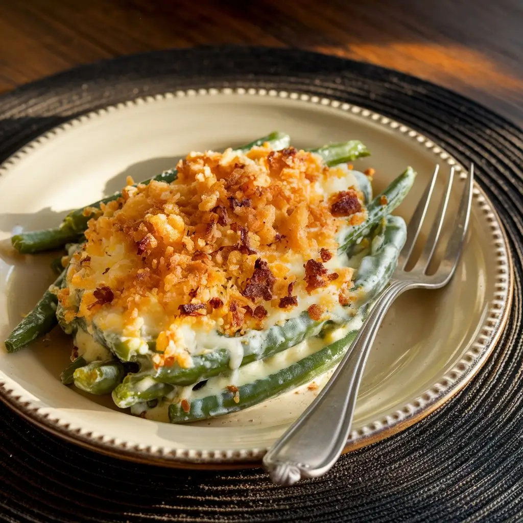 Golden green beans au gratin in a casserole dish with a crispy breadcrumb topping