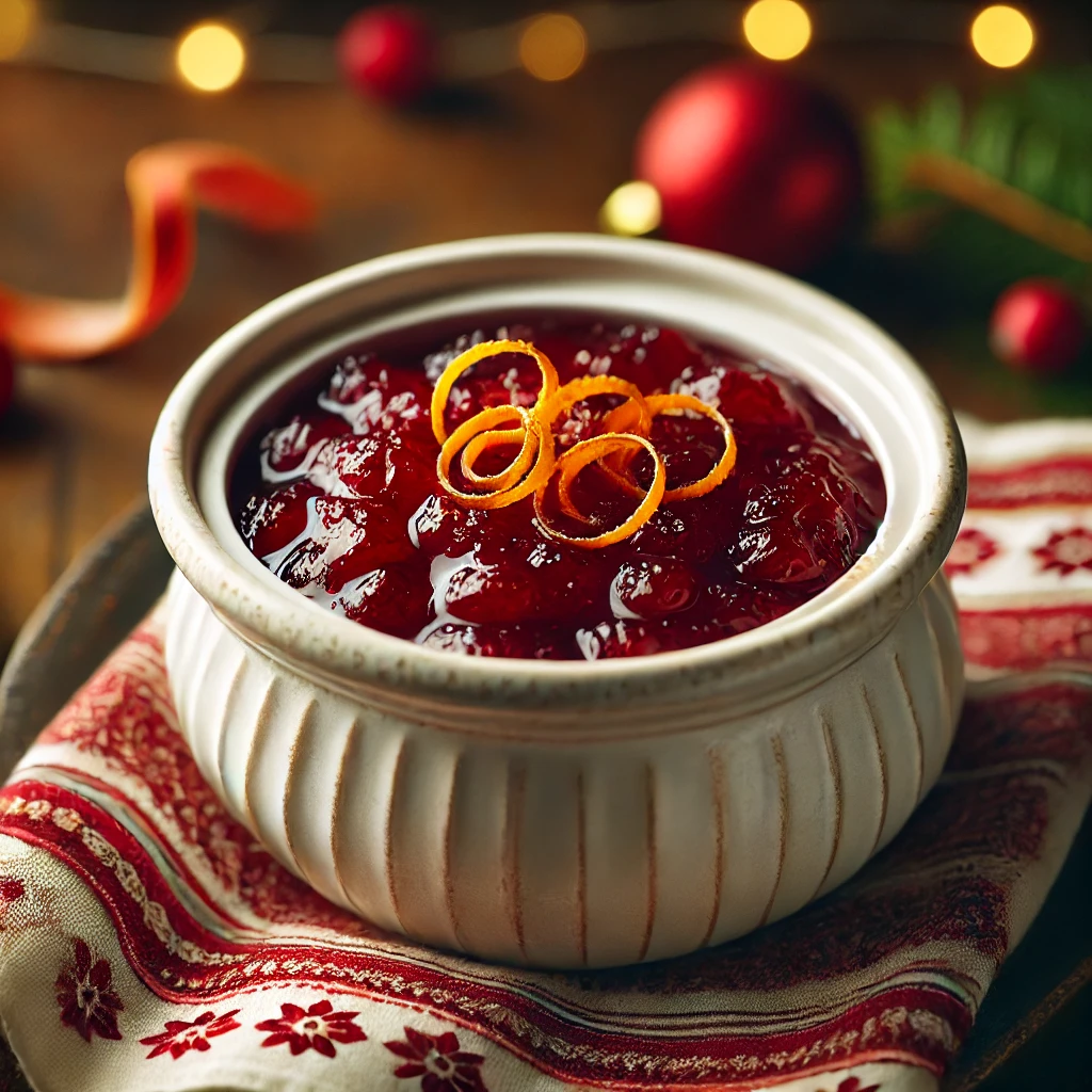 Bowl of homemade cranberry sauce garnished with orange zest and fresh cranberries