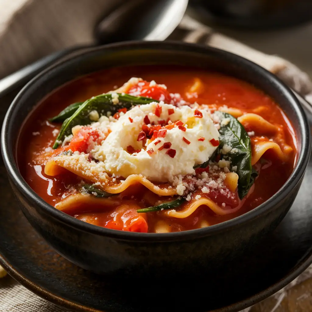 Crockpot Lasagna Soup with ricotta and Parmesan