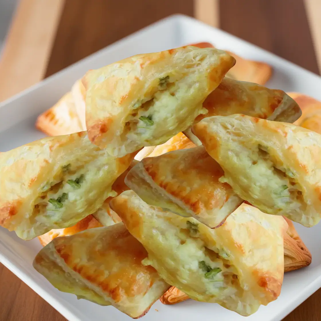 Feta cheese foldovers, golden brown and flaky on a plate