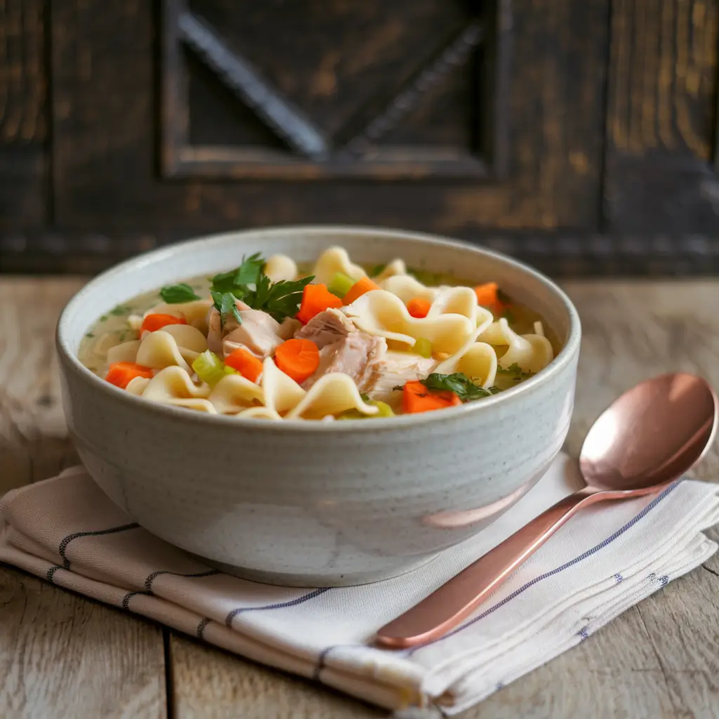 Bowl of homemade chicken noodle soup with fresh herbs and egg noodles