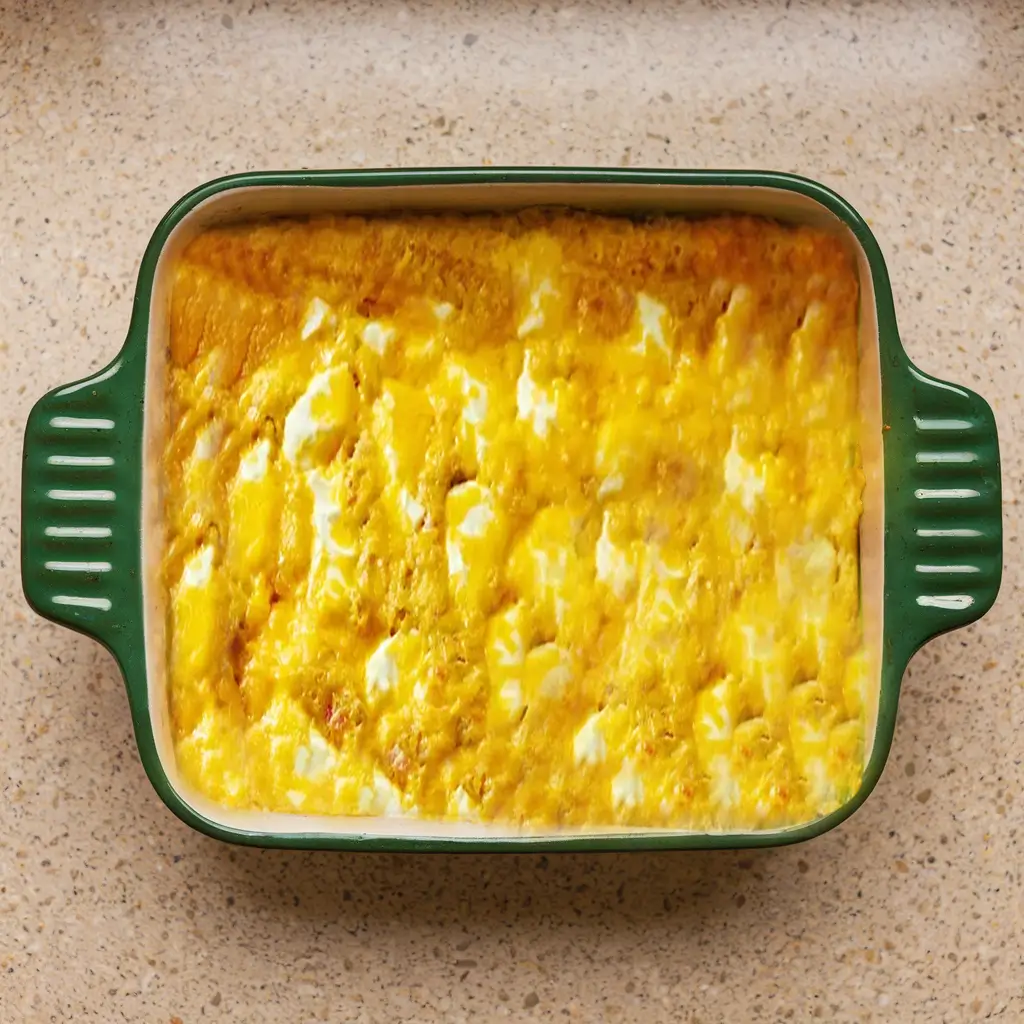 Jiffy corn casserole with melted Cheddar cheese in a baking dish