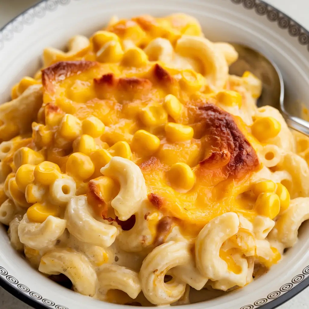 Creamy macaroni corn casserole baked golden in a dish