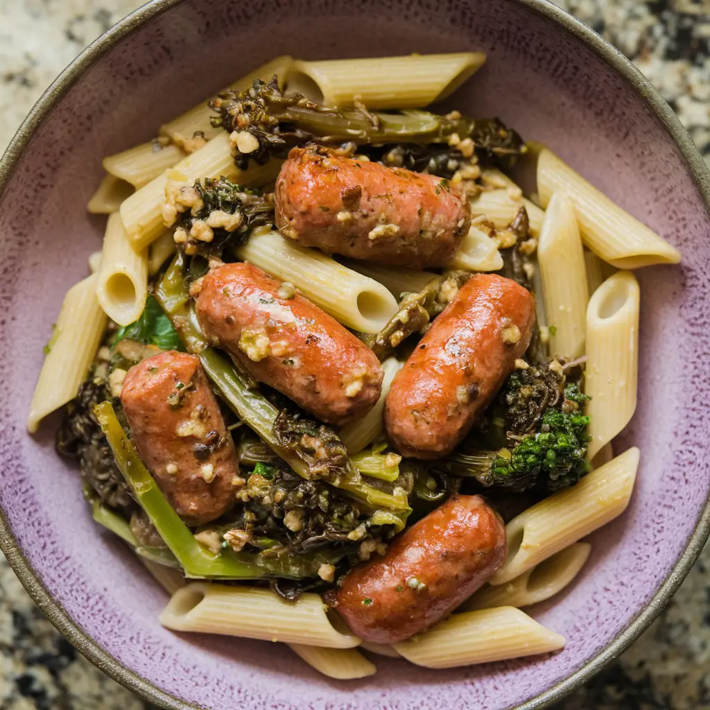 Bowl of penne pasta with Italian sausage and broccoli rabe