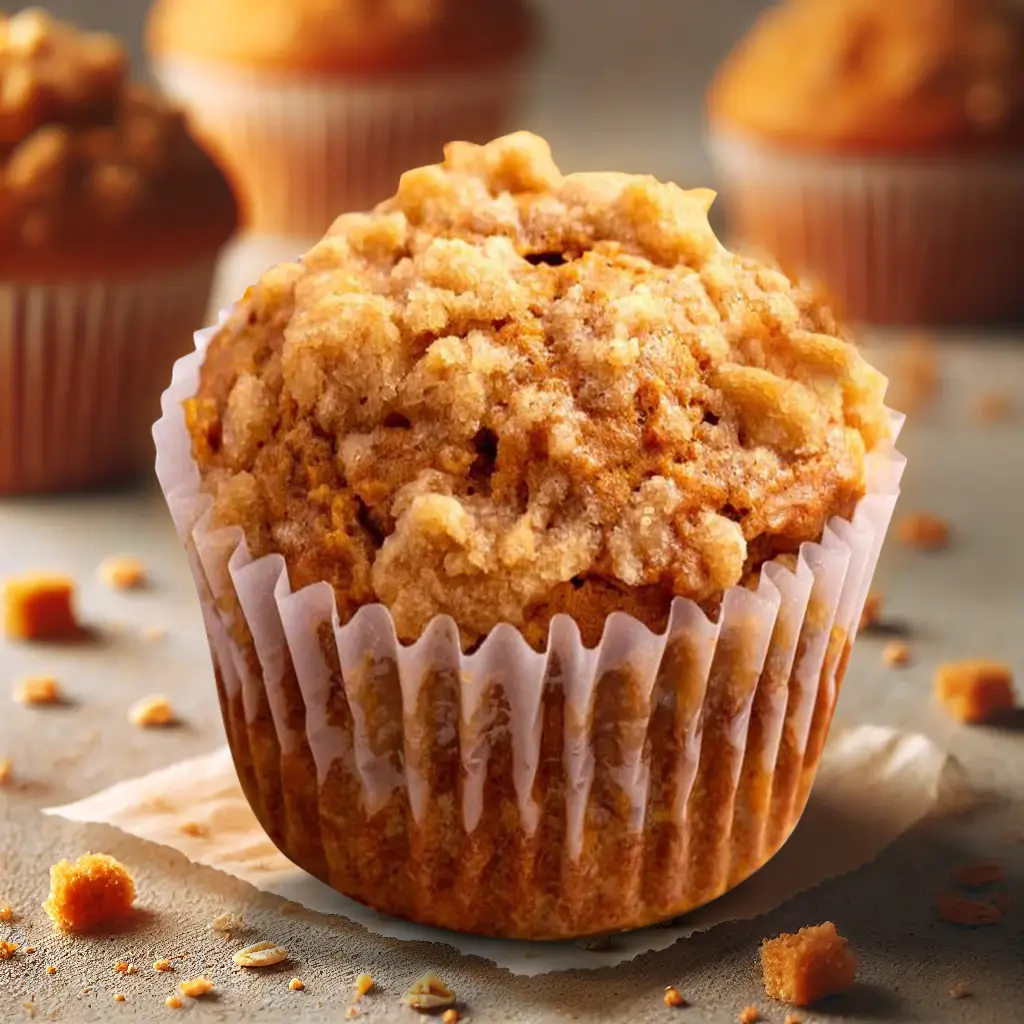 Pumpkin muffins with a golden streusel topping in a muffin tin