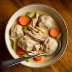 Bowl of creamy slow cooker chicken and dumplings with vegetables