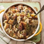 Slow cooker stuffing served in a bowl with fresh herbs on top