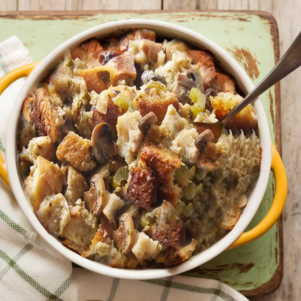 Slow cooker stuffing served in a bowl with fresh herbs on top