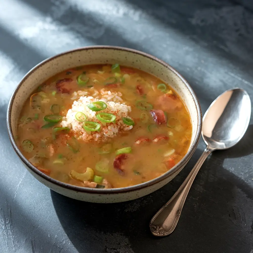 Bowl of spicy turkey gumbo served with white rice and garnished with fresh parsley