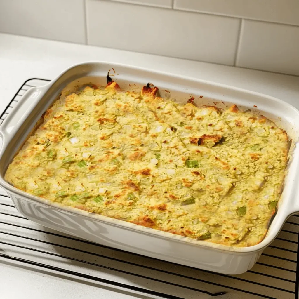 Grandma's cornbread dressing with golden-brown crust