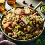 Bowl of sausage apple cranberry stuffing garnished with fresh parsley