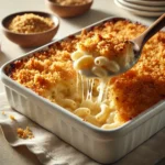 Creamy homemade mac and cheese topped with golden bread crumbs in a baking dish