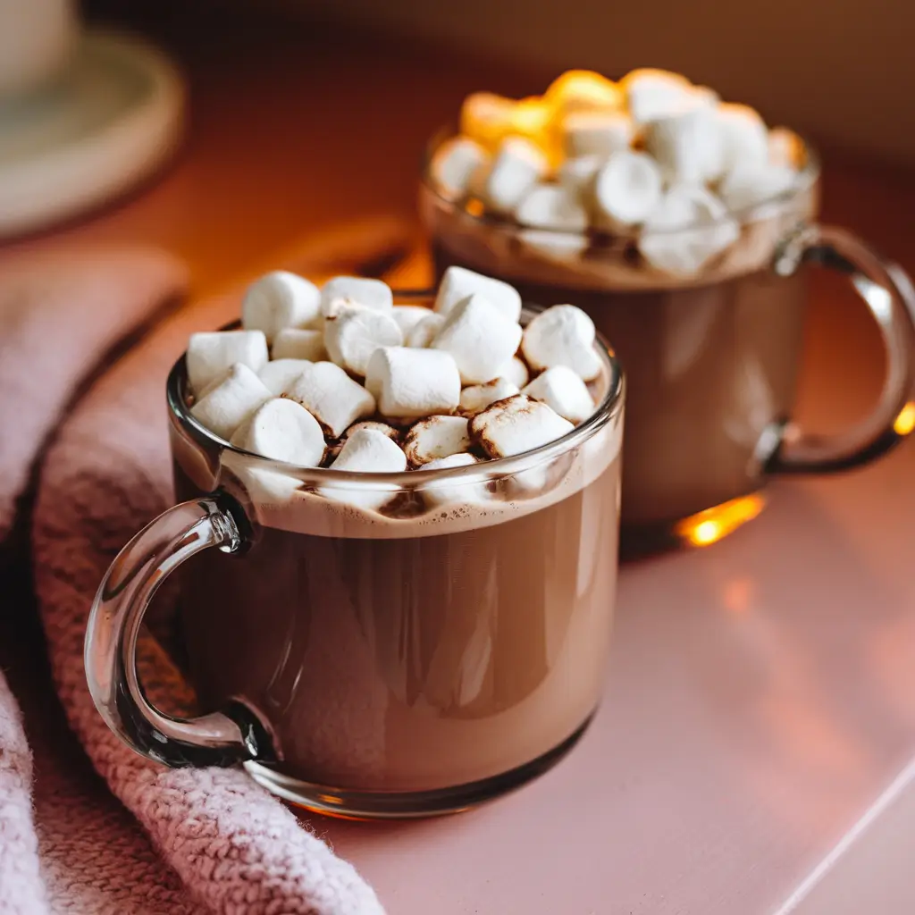 A mug of creamy homemade hot cocoa topped with marshmallows and a drizzle of chocolate