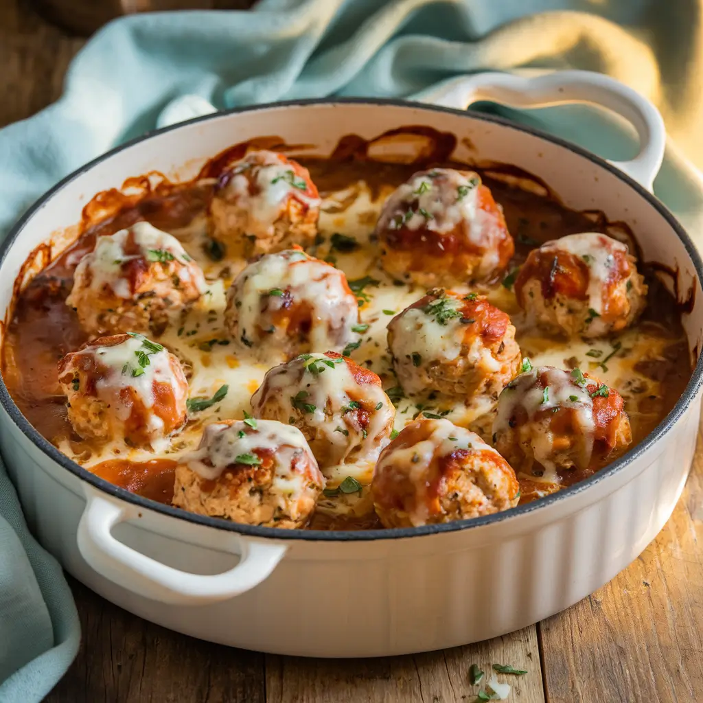 Golden French onion chicken meatballs topped with melted Gruyere cheese in a skillet