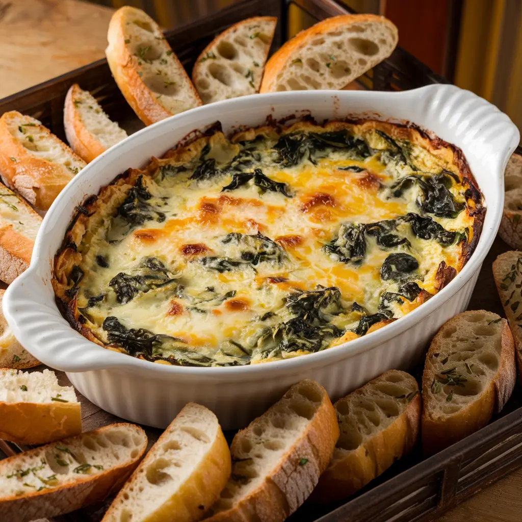 Hot spinach artichoke dip served in a baking dish with crackers and fresh veggies