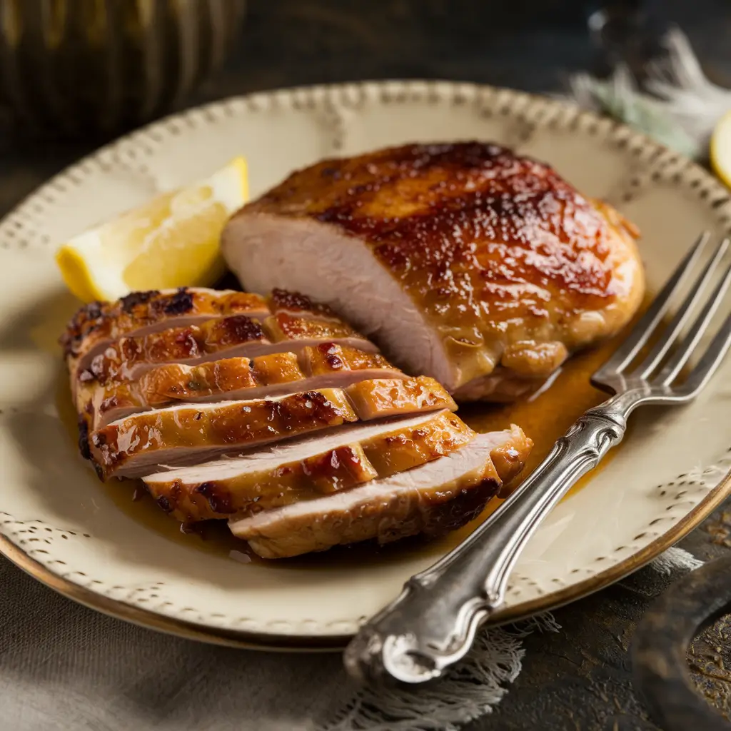 Perfectly seared chicken breasts in a cast iron skillet with herbs and garlic.