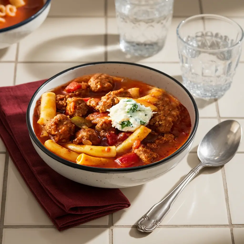 A bowl of slow cooker Italian sausage soup with pasta, cheese, and basil.