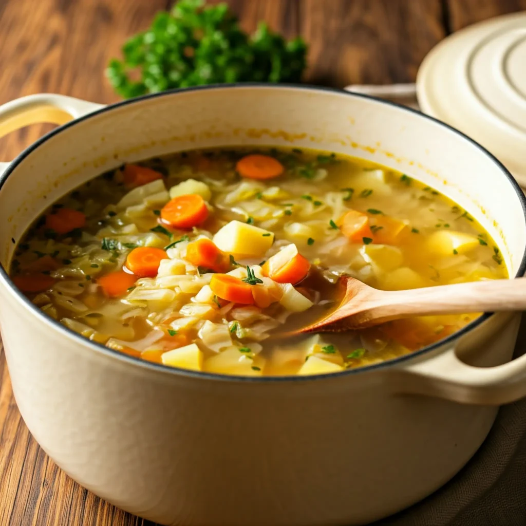 Bowl of carrot, potato, and cabbage soup garnished with parsley, served with a slice of bread.