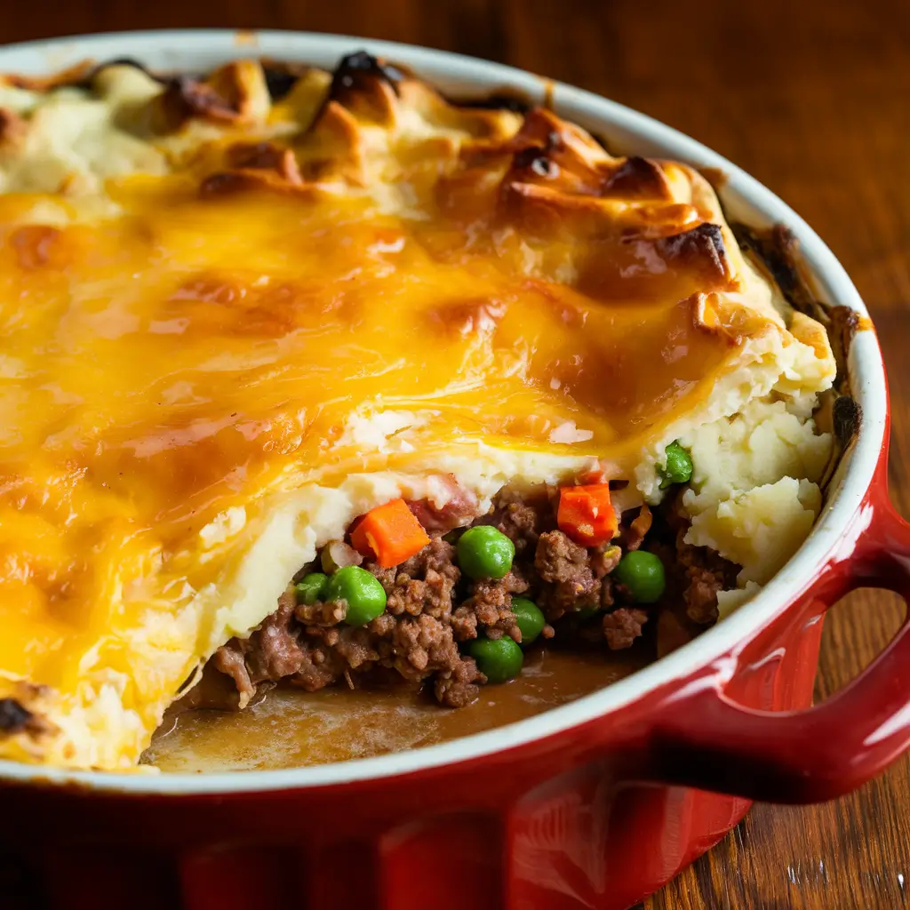 Zippy Shepherd’s Pie topped with golden cheese, served fresh from the oven.