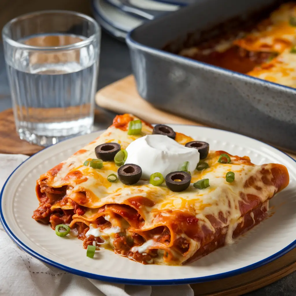 A plate of Angela's Awesome Chicken Enchiladas topped with melted cheese, green onions, and olives.