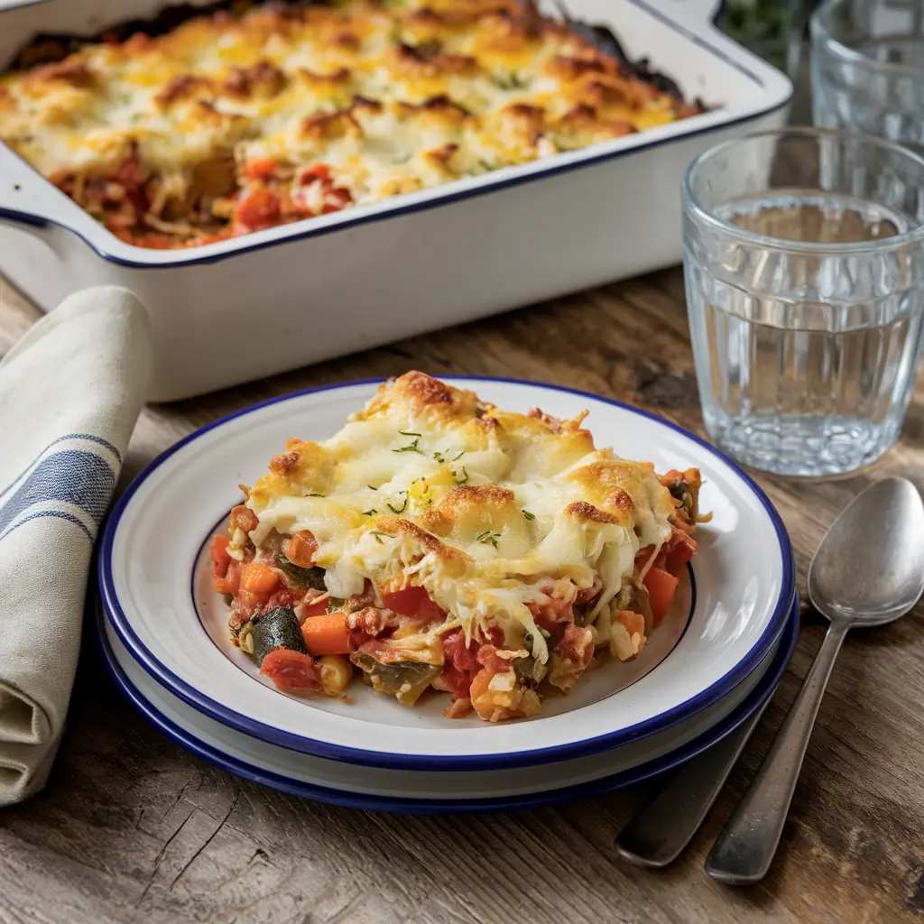 Minestrone casserole topped with melted mozzarella and fresh herbs.