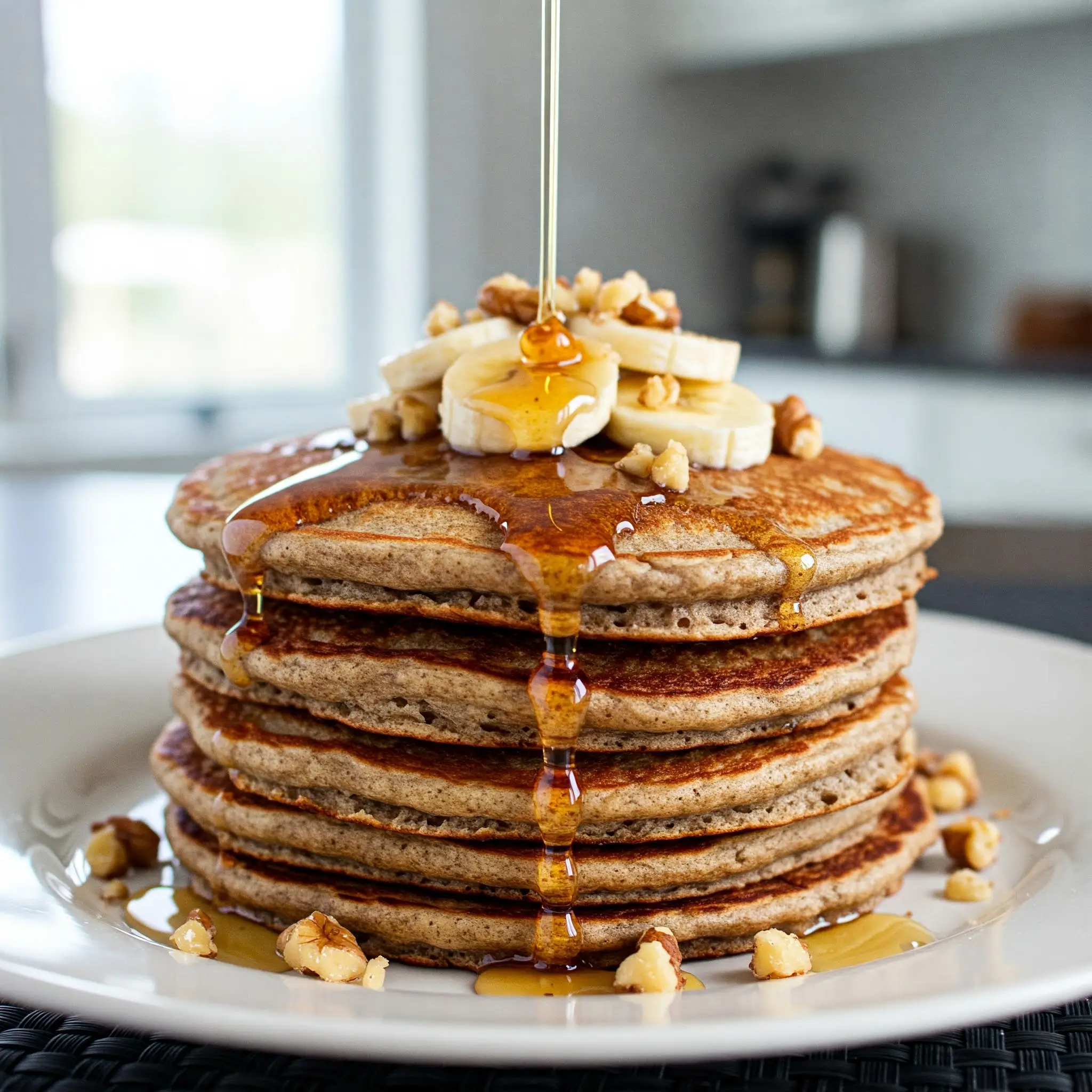 Fluffy banana bread pancakes stacked with butter, banana slices, and maple syrup.