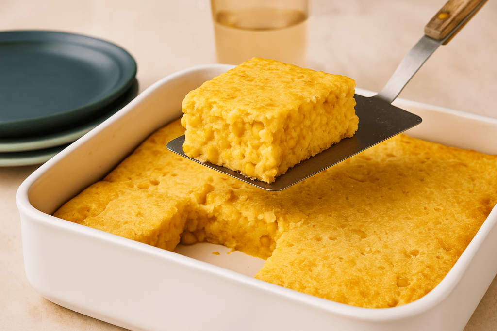 Creamy baked corn casserole served in a white baking dish
