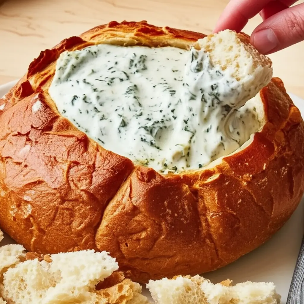 Creamy spinach dip served in a sourdough bread bowl with chunks of bread for dipping.