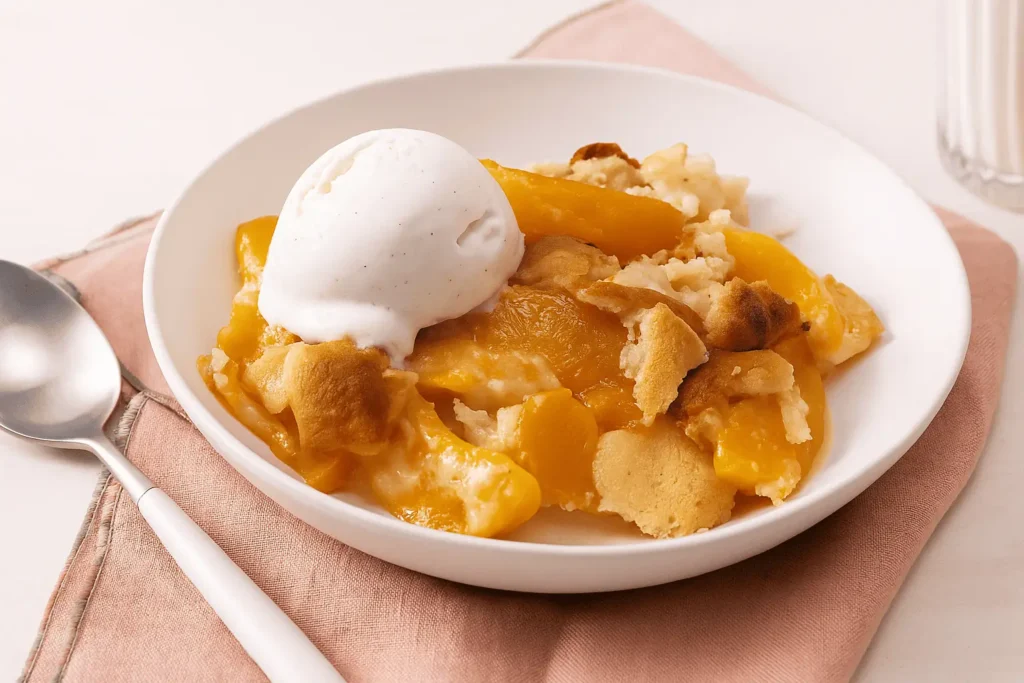 Bisquick Peach Cobbler with golden crust and juicy peach filling in baking dish