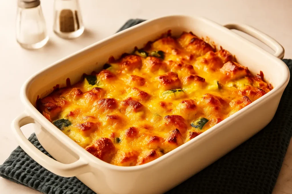Cheesy zucchini casserole in a baking dish topped with melted cheddar