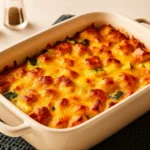 Cheesy zucchini casserole in a baking dish topped with melted cheddar