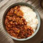 Classic Cuban-Style Picadillo with ground beef, olives, and raisins served over white rice in a bowl.