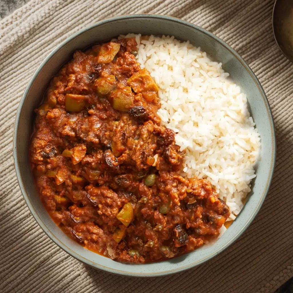Classic Cuban-Style Picadillo with ground beef, olives, and raisins served over white rice in a bowl.