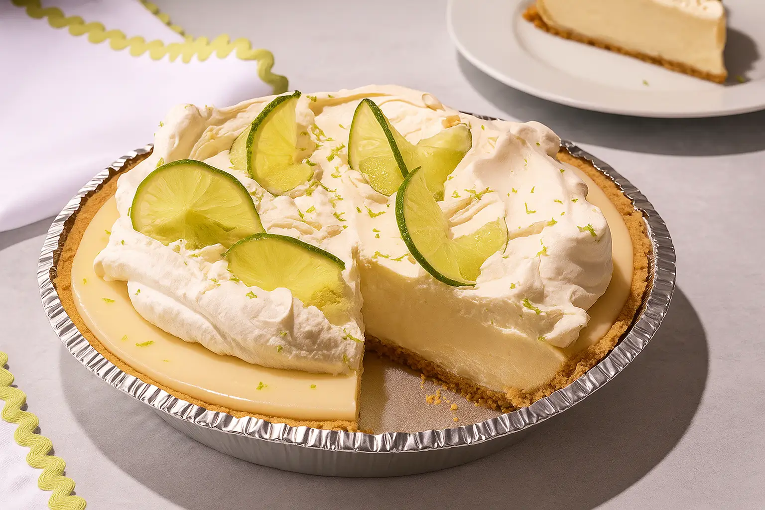 Creamy homemade key lime pie with whipped cream and lime slices