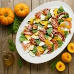 Peach and Tomato Caprese Salad served with mozzarella and basil, drizzled with balsamic vinaigrette