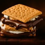 Gooey s'more with toasted marshmallow and melted chocolate between graham crackers