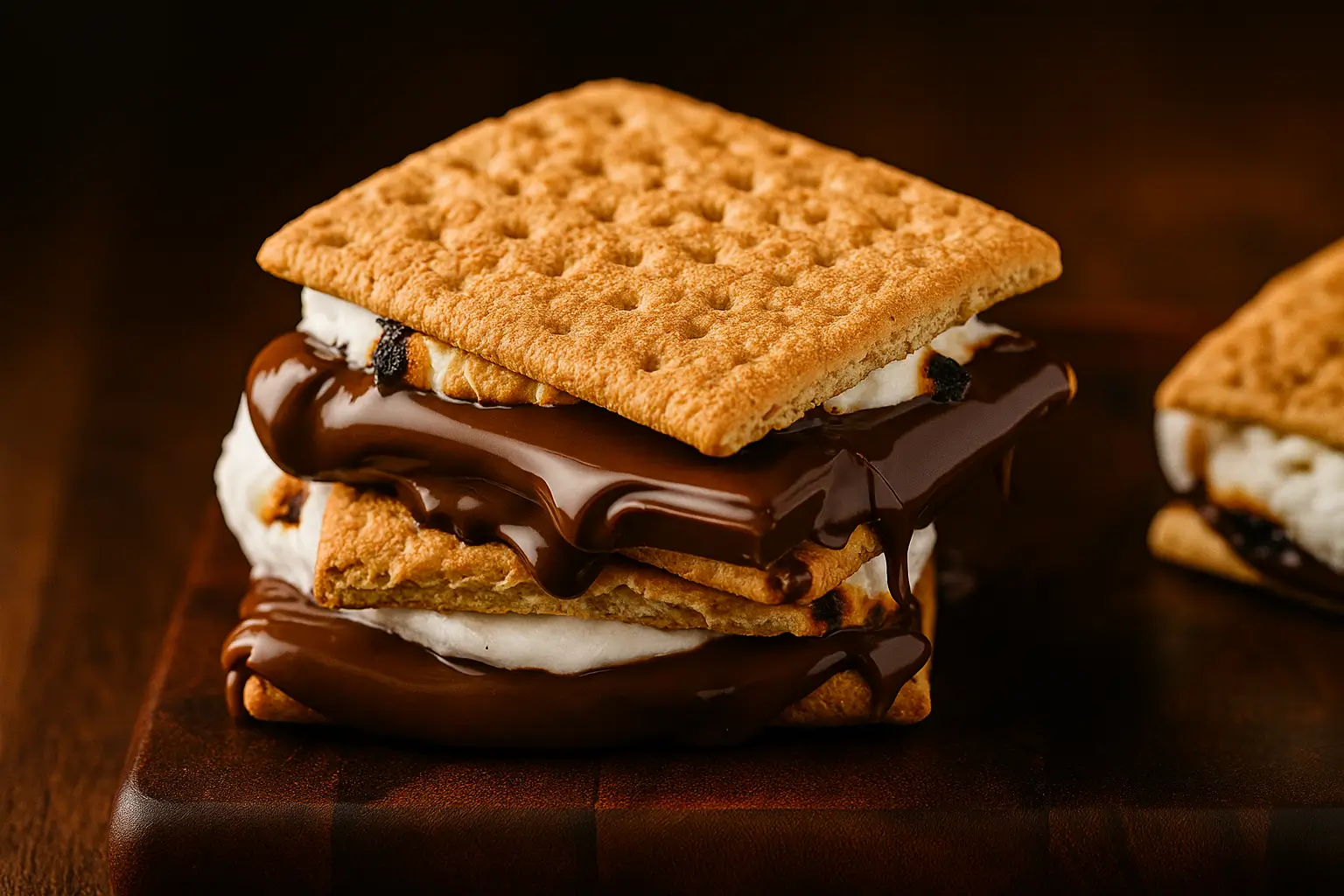 Gooey s'more with toasted marshmallow and melted chocolate between graham crackers