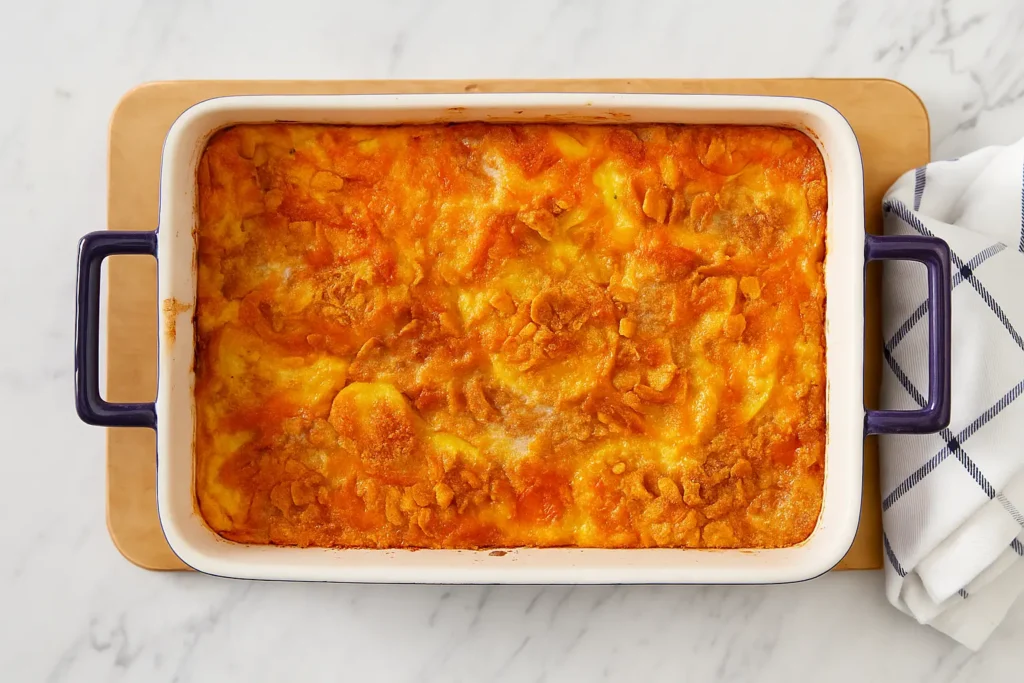 Cheesy squash casserole with golden Ritz cracker topping in a white casserole dish