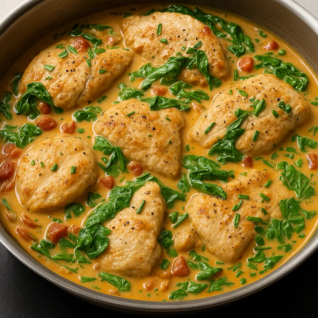 One-pan creamy chicken with spinach in a skillet topped with herbs