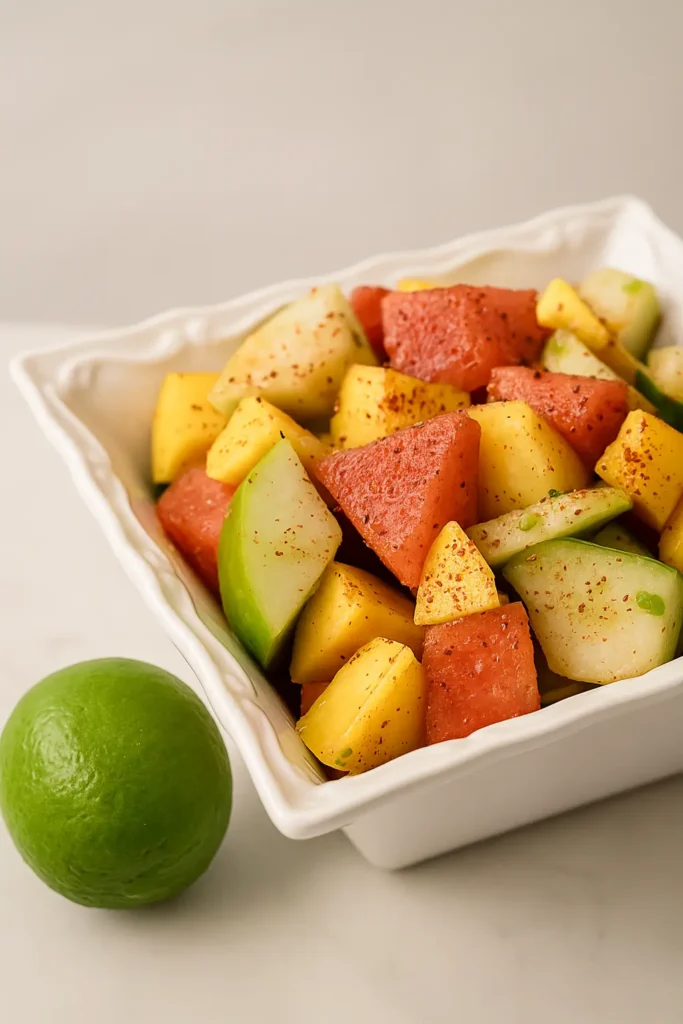Spicy fruit salad with pineapple, mango, and watermelon topped with chili-lime seasoning