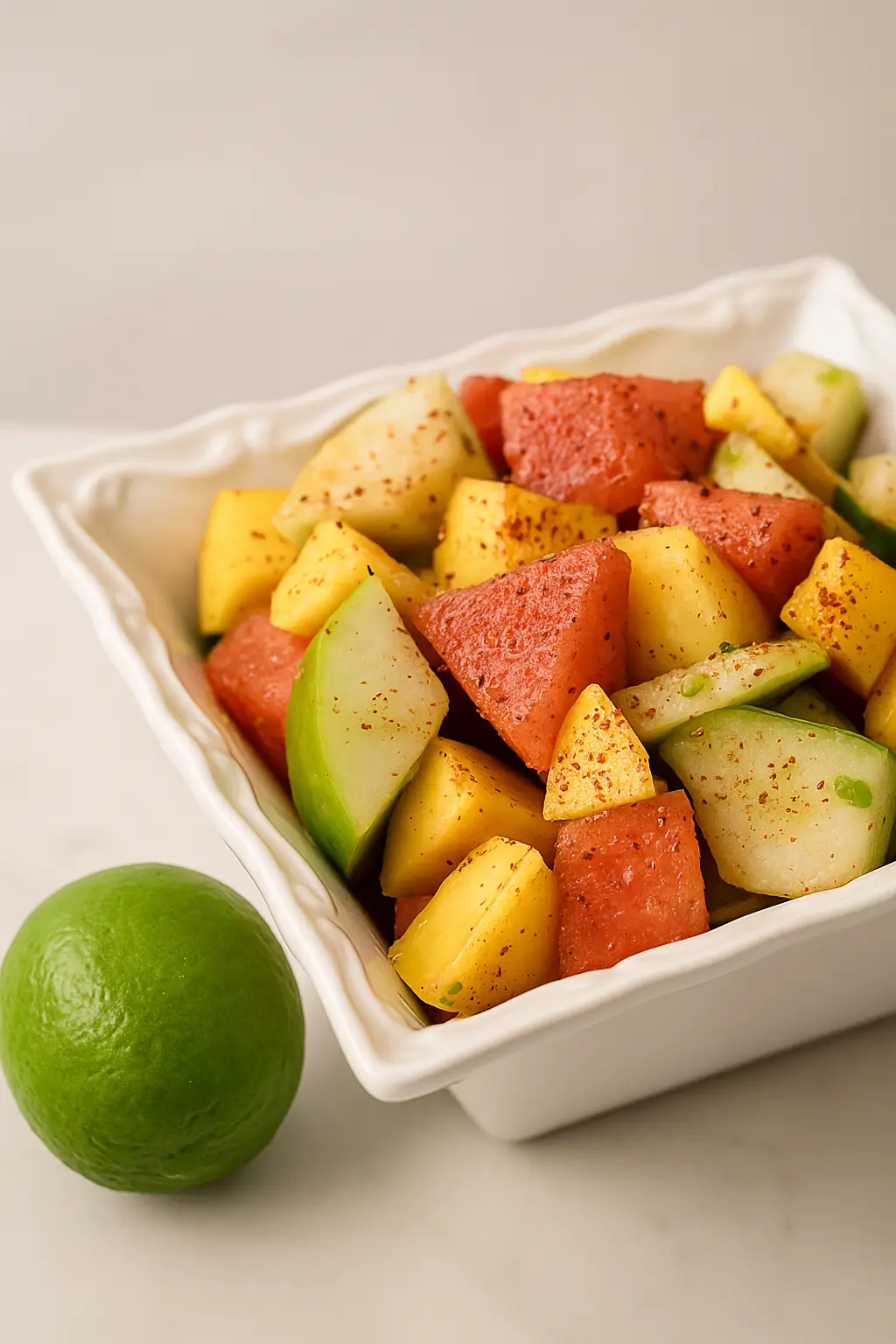 Spicy fruit salad with pineapple, mango, and watermelon topped with chili-lime seasoning