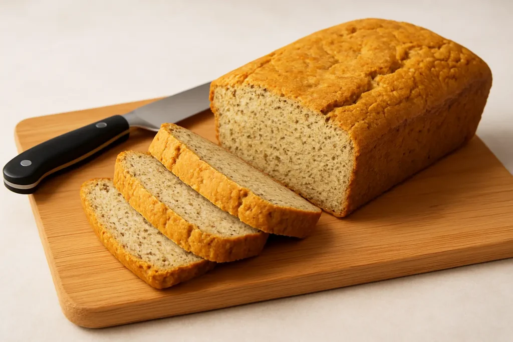 Golden almond flour bread loaf cooling on a wire rack