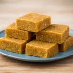 Almond flour energy bars cut into squares on a wooden board.